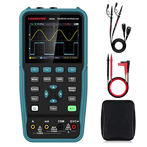 Osciloscopio Digital, HANMATEK HO52 Mini Osciloscopio TFT de 3,5', Osciloscopio y Multímetro 2 IN 1, Pantalla Retroiluminada, Función Autocalibración, 7 Medidas Automáticas, Función Memoria