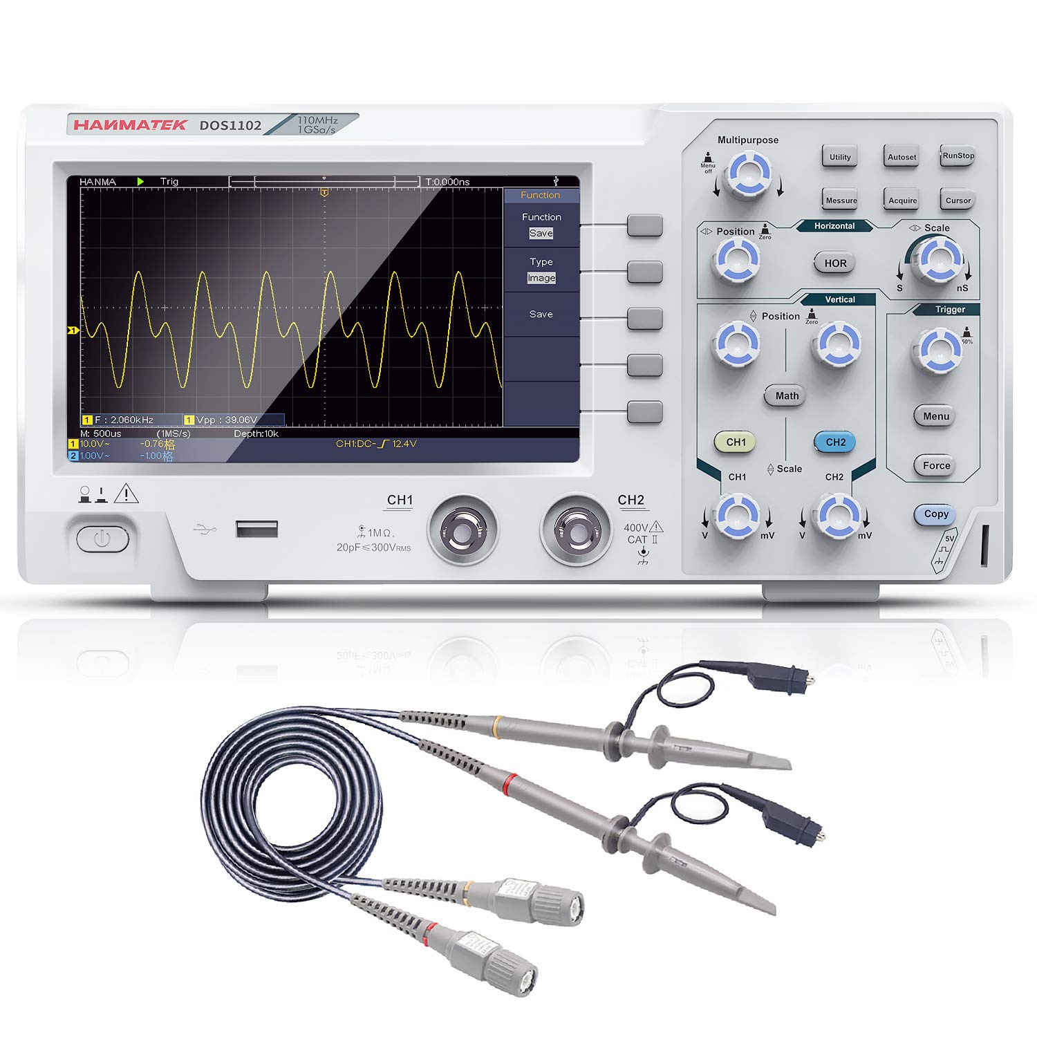 Hanmatek DOS1102 - Osciloscopio Digital de Banco Económico (110 MHz, 2 Canales, 1 GSa/s, Pantalla TFT-LCD 7')