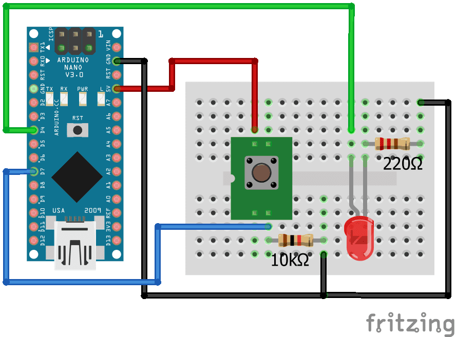 Cableado LED Arduino Nano Pull Down Resistor