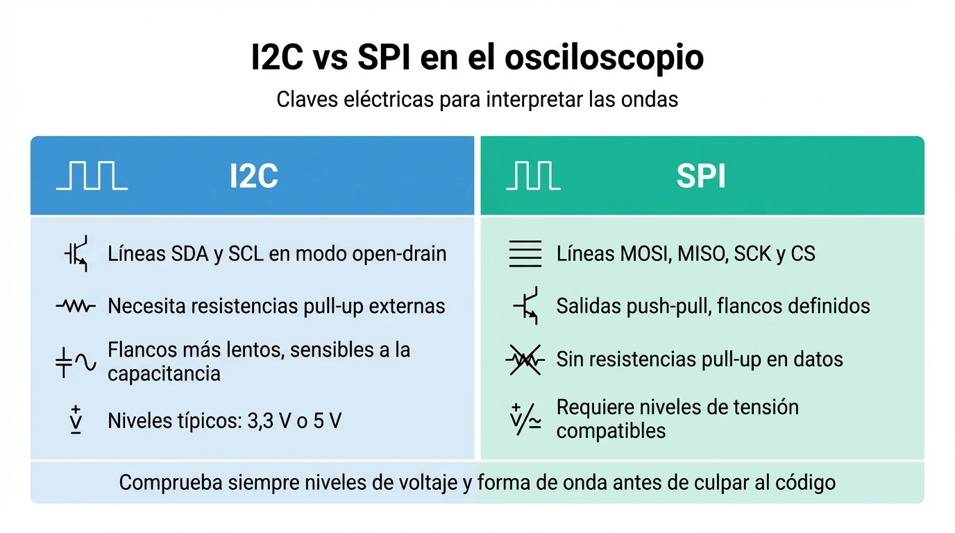 Diagrama que compara las características eléctricas de los buses I2C y SPI vistas con un osciloscopio