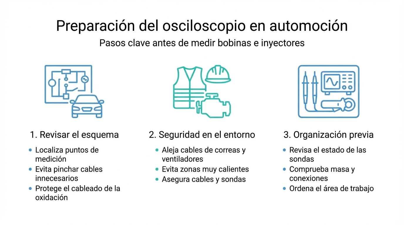 Esquema en tres bloques con pasos clave para preparar el osciloscopio y el entorno de trabajo en diagnóstico automotriz