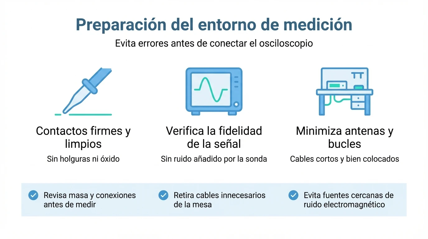Infografía con consejos para preparar el entorno de medición antes de usar un osciloscopio en buses digitales