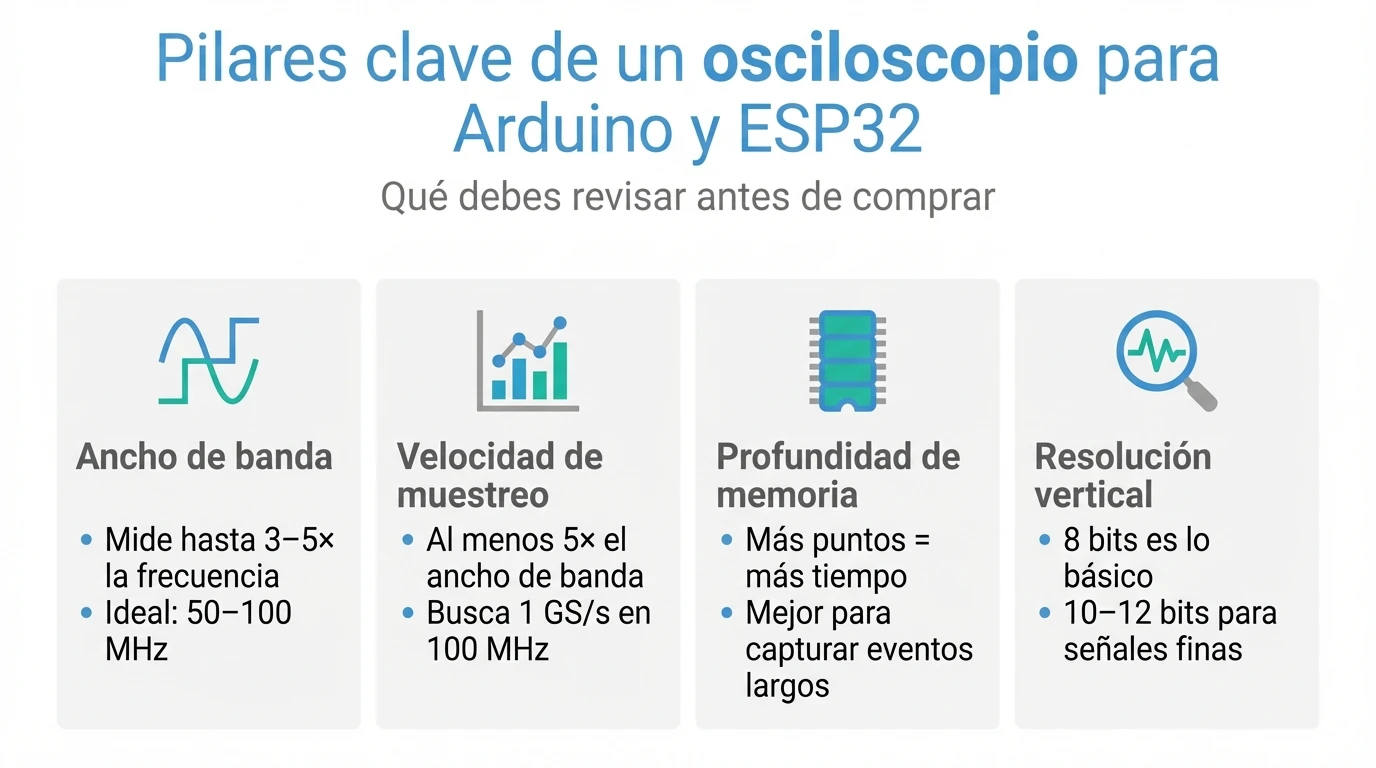 Infografía con los cuatro pilares técnicos para elegir un osciloscopio para Arduino y ESP32.