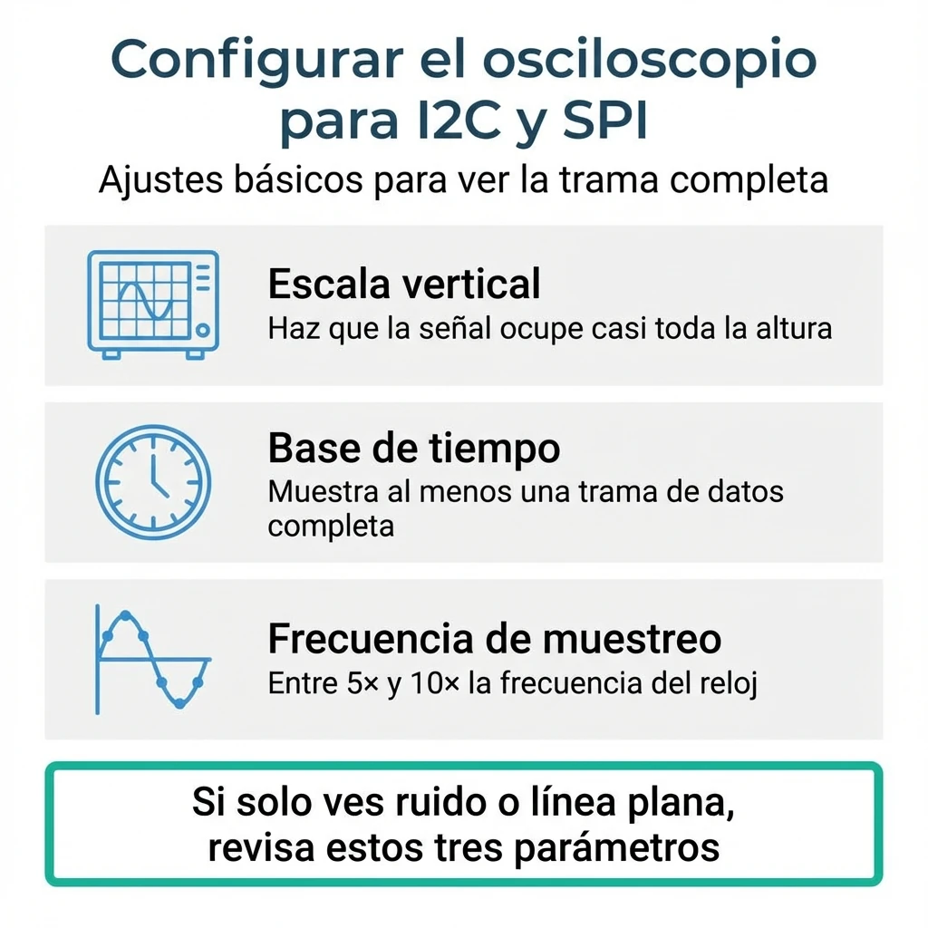 Infografía con tres ajustes básicos del osciloscopio para medir buses I2C y SPI