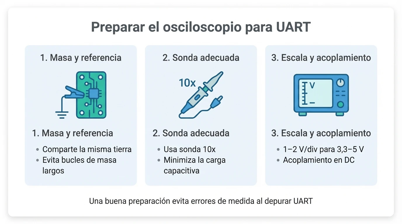 Infografía con tres pasos clave para preparar el osciloscopio antes de medir una señal UART