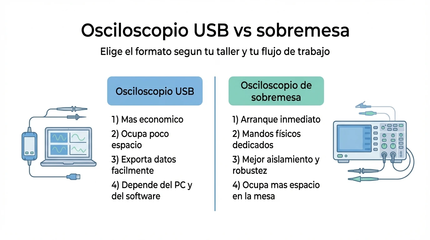 Infografía que compara las características de un osciloscopio USB frente a uno de sobremesa.