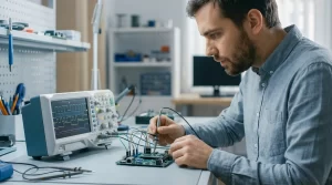 Ingeniero Ajustando Un Osciloscopio Digital Conectado A Una Placa Electronica Para Analizar Buses De Comunicacion