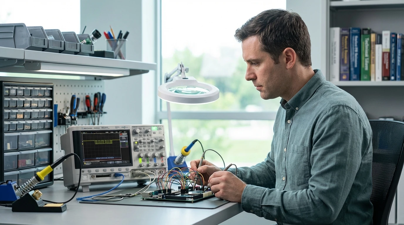 Ingeniero Electronico Usando Un Osciloscopio Digital Para Depurar Una Comunicacion Uart En Una Placa Con Microcontrolador