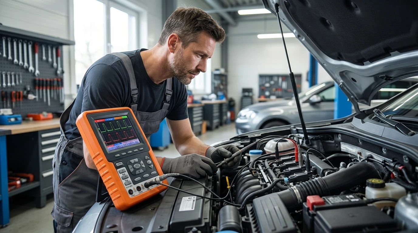 Mecanico Automotriz Usando Un Osciloscopio Portatil Para Medir Bobinas E Inyectores En El Motor De Un Coche