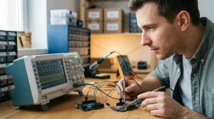 Persona Trabajando Con Un Osciloscopio Digital Conectado A Una Placa Arduino Y Una Placa Esp32 En Un Taller De Electronica