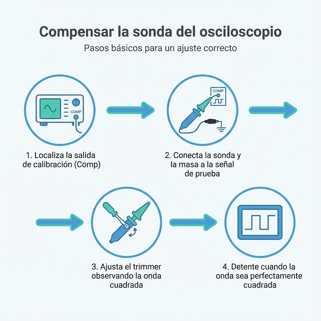 Diagrama con los pasos básicos para compensar la sonda de un osciloscopio usando la salida de calibración