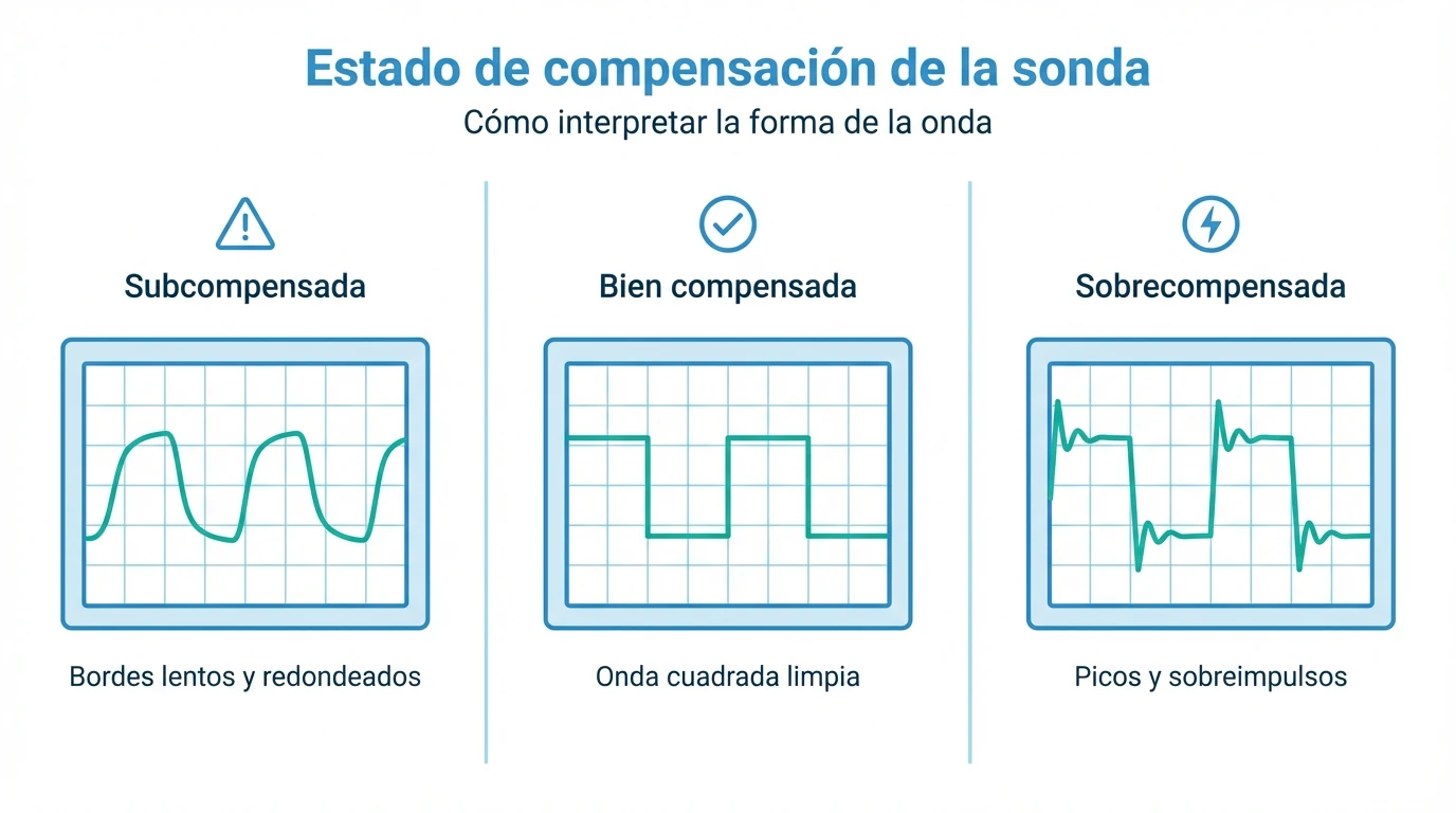 Diagrama con tres oscilogramas que comparan una sonda subcompensada, bien compensada y sobrecompensada