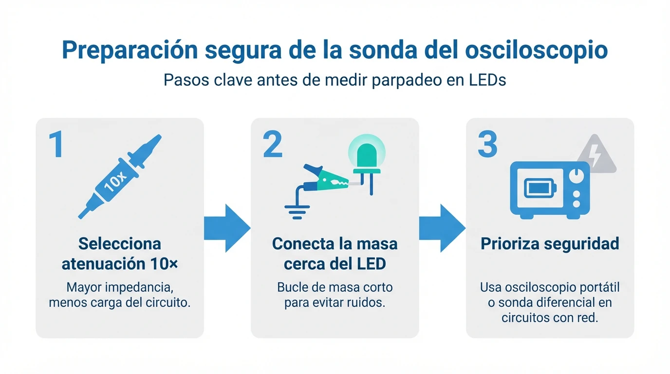 Diagrama de tres pasos para preparar la sonda del osciloscopio y realizar conexiones seguras al medir LEDs.