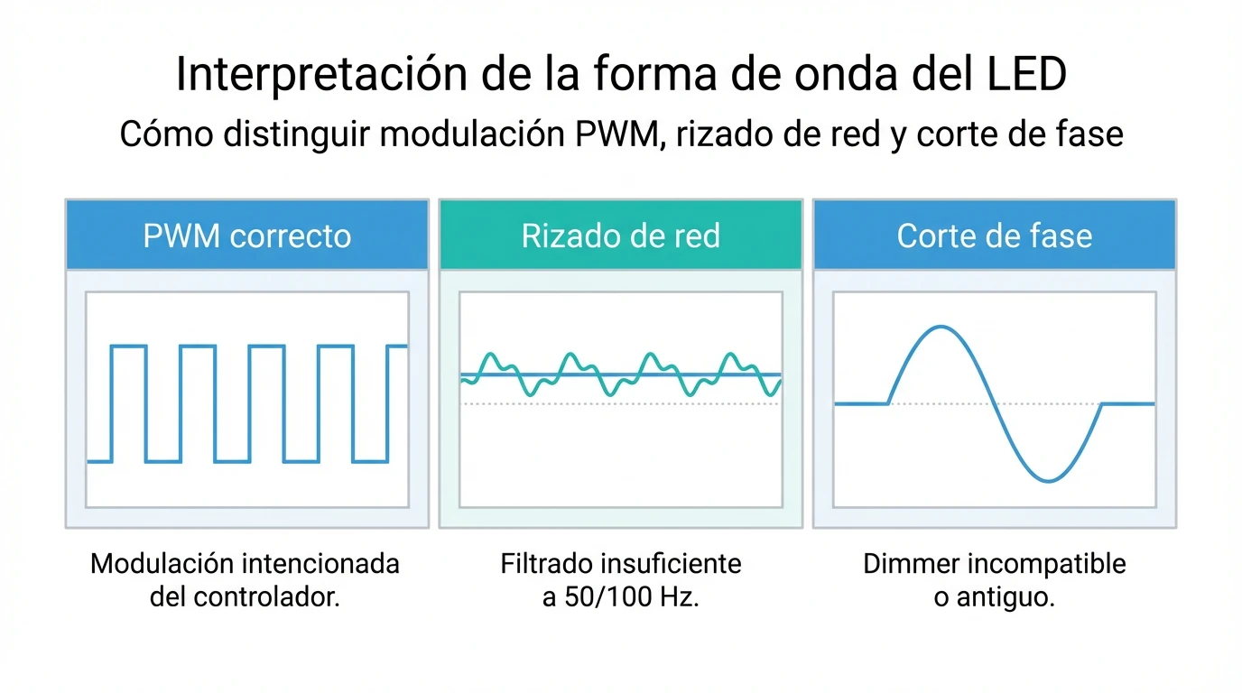 Diagrama que compara diferentes formas de onda en el osciloscopio para identificar el tipo de parpadeo en LEDs.