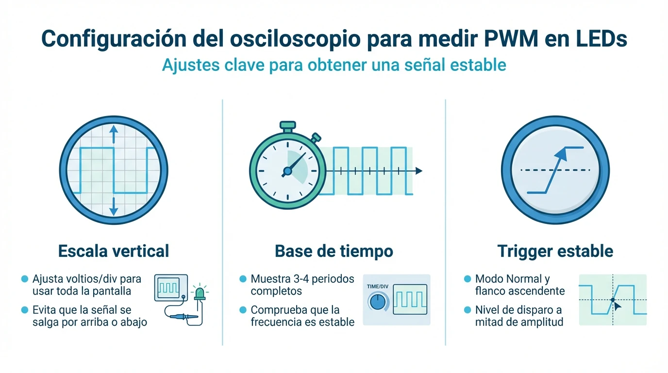 Infografía con los ajustes principales del osciloscopio para medir señales PWM en LEDs.