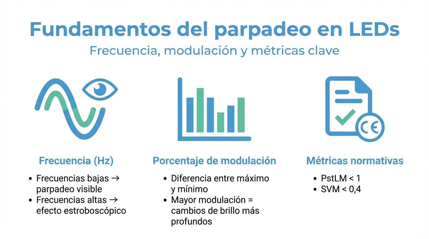 Infografía que resume frecuencia, porcentaje de modulación y métricas normativas del parpadeo en LEDs.