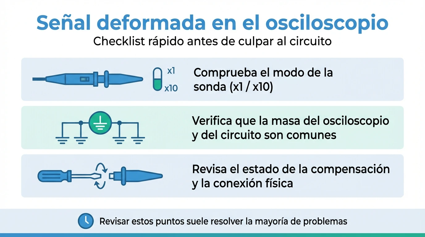 Infografía tipo checklist con recomendaciones rápidas para corregir señales deformadas en el osciloscopio