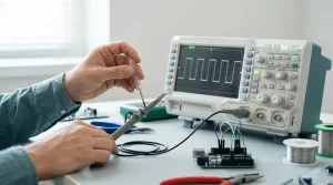 Tecnico Ajustando La Sonda De Un Osciloscopio Digital En Un Banco De Trabajo De Electronica Con Una Onda Cuadrada Estable En La Pantalla