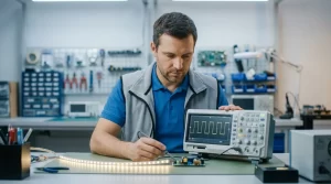 Tecnico Midiendo El Parpadeo De Una Tira Led Con Un Osciloscopio Digital En Un Banco De Trabajo De Electronica